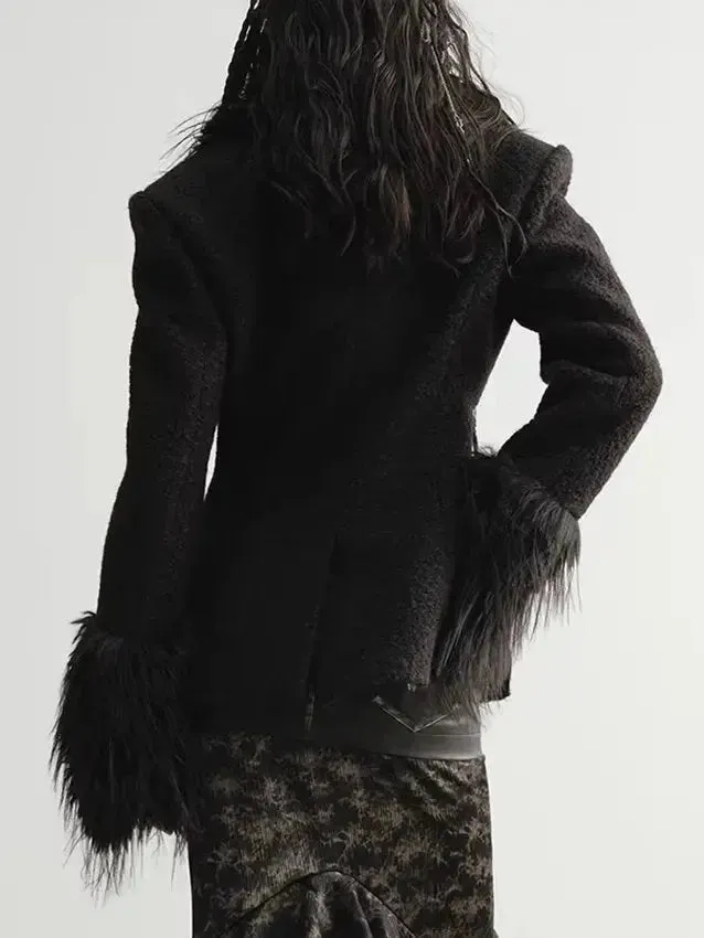 Black Faux Fur-Trim Zip- Placket Jacket