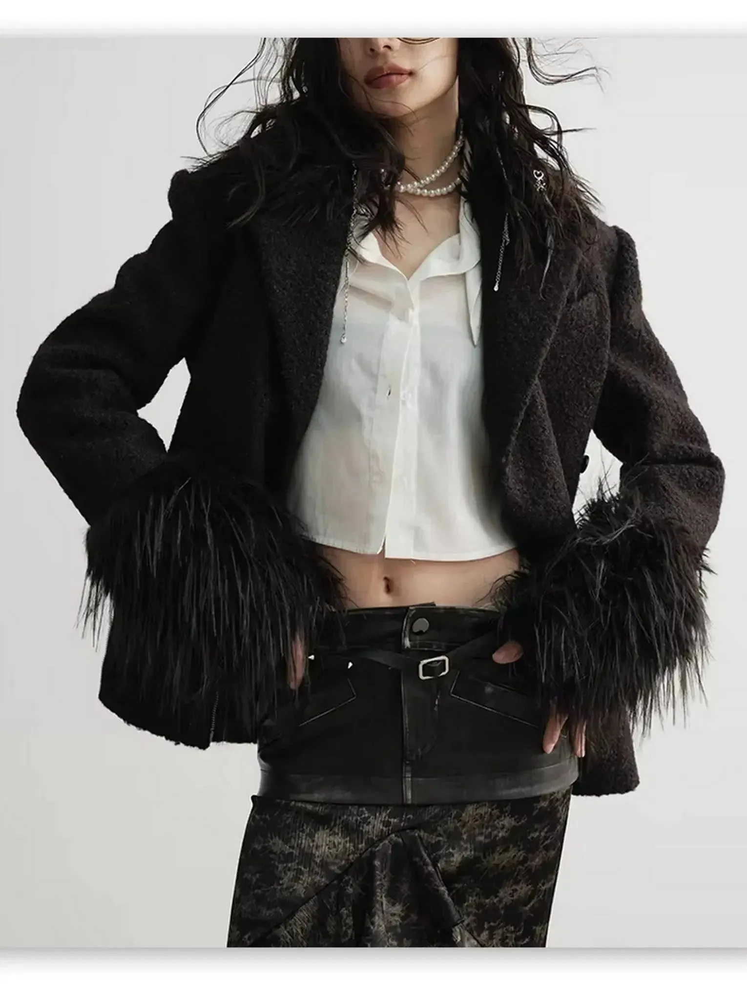 Black Faux Fur-Trim Zip- Placket Jacket