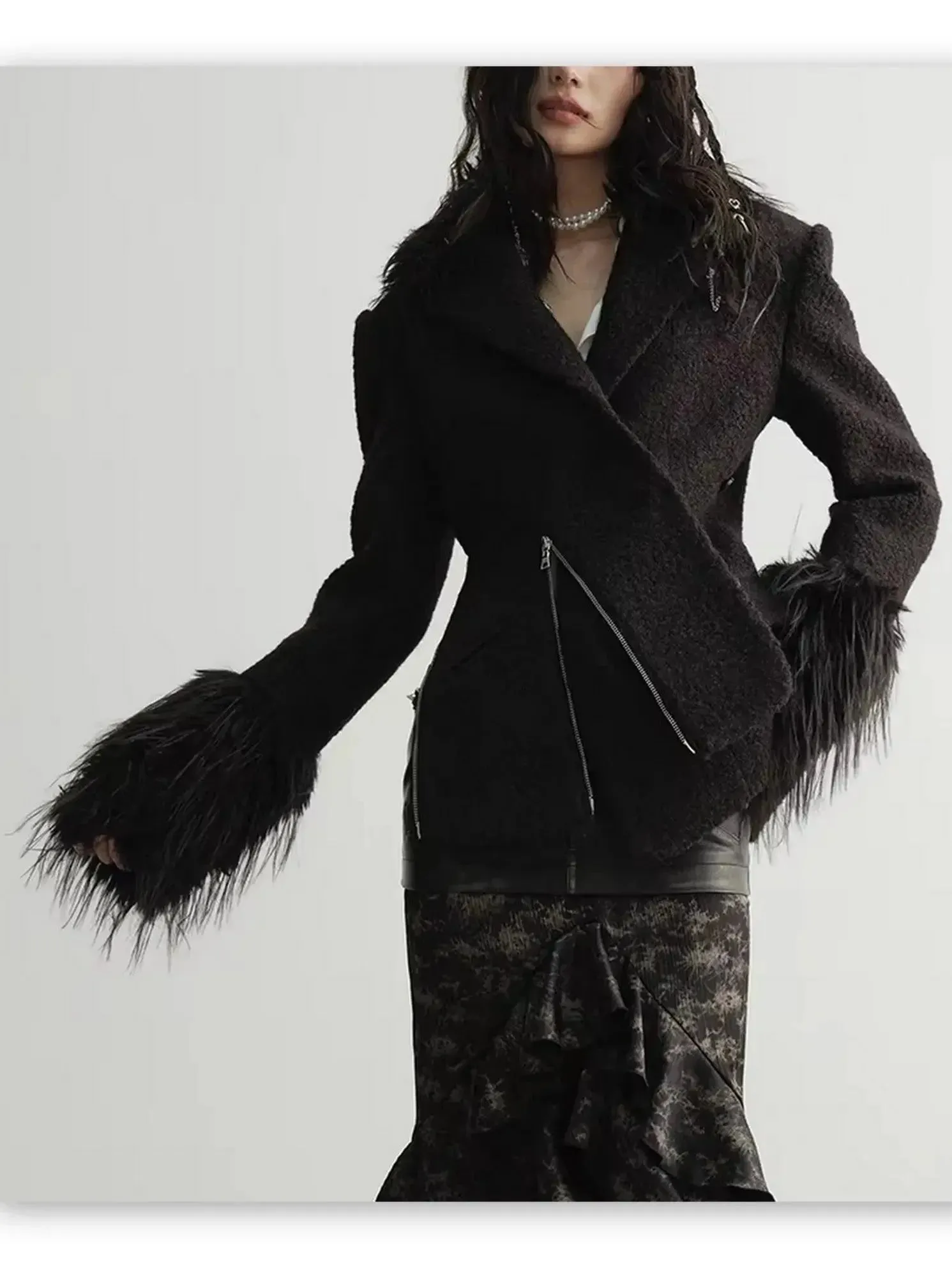 Black Faux Fur-Trim Zip- Placket Jacket
