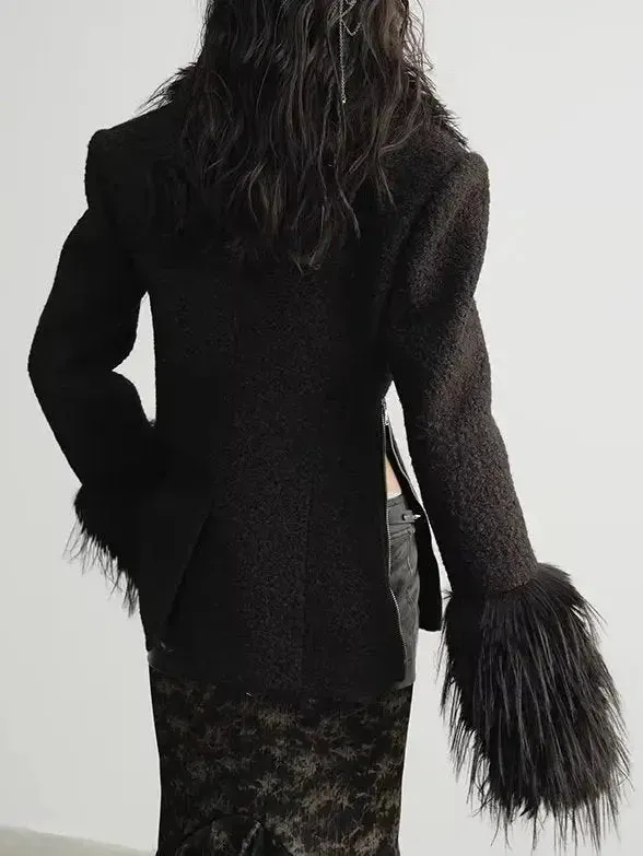 Black Faux Fur-Trim Zip- Placket Jacket