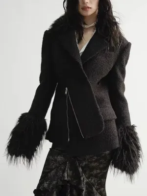 Black Faux Fur-Trim Zip- Placket Jacket