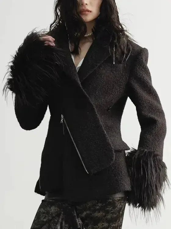 Black Faux Fur-Trim Zip- Placket Jacket