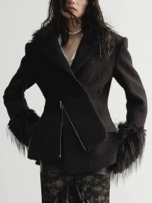 Black Faux Fur-Trim Zip- Placket Jacket