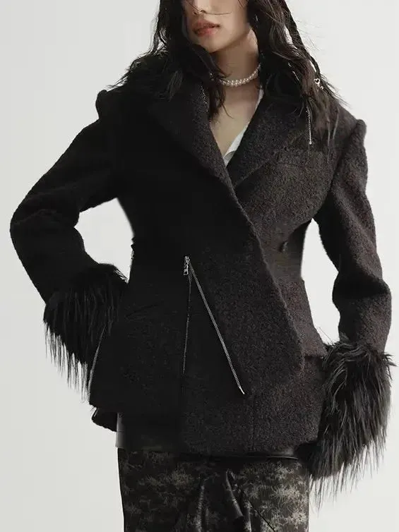 Black Faux Fur-Trim Zip- Placket Jacket