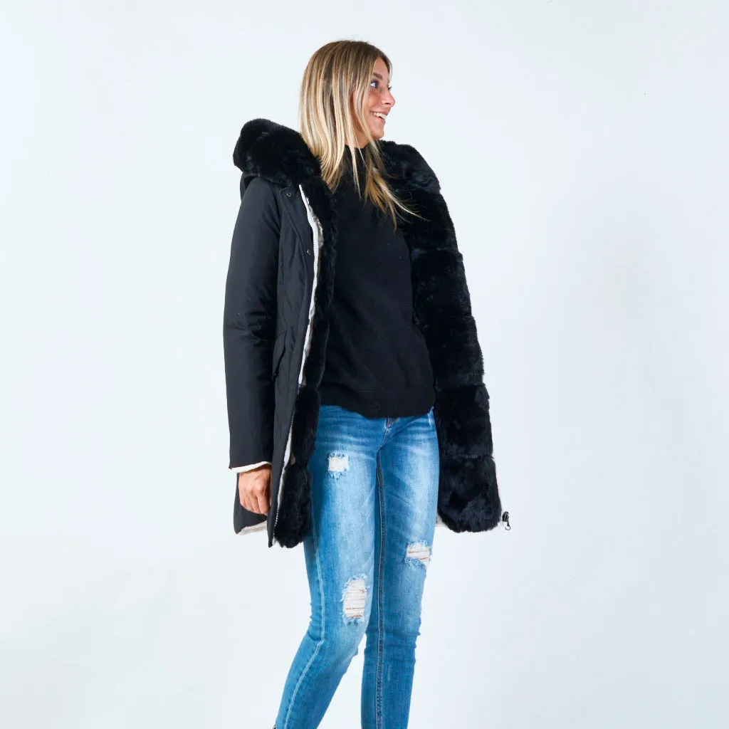 Classic parka with plush faux fur hood wholesale