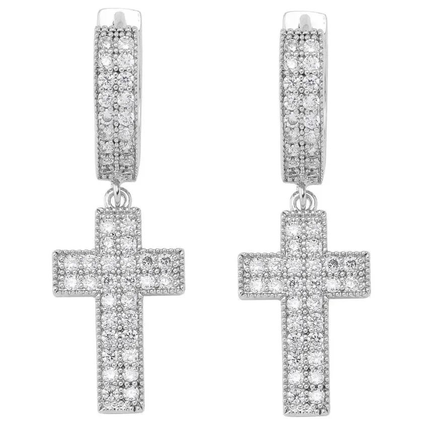 Diamond Cross Hoop Earrings in White Gold