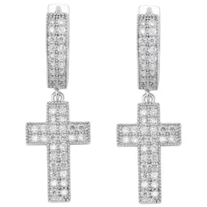Diamond Cross Hoop Earrings in White Gold