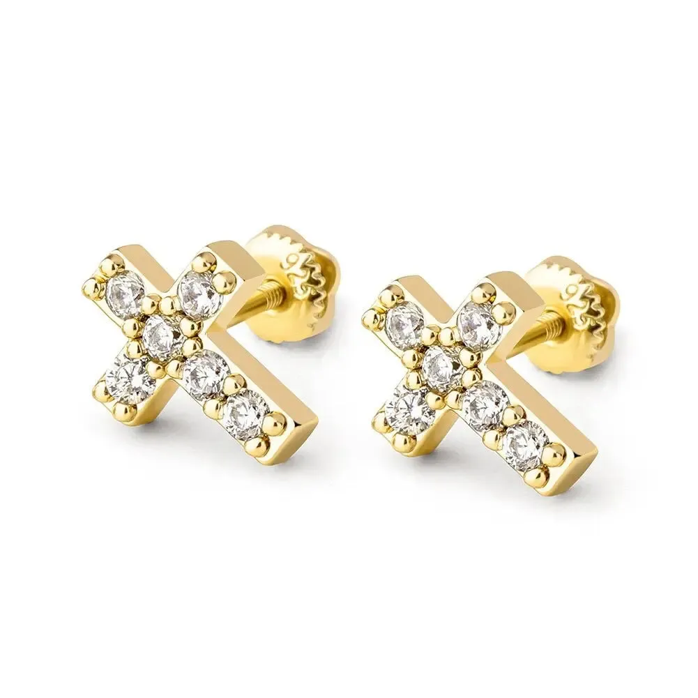 Mini Iced Cross Earrings in 18k Yellow Vermeil