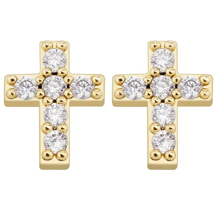 Mini Iced Cross Earrings in 18k Yellow Vermeil