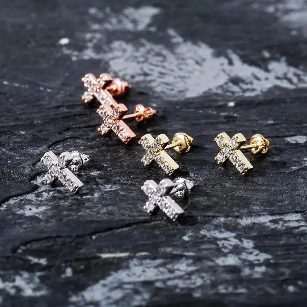 Mini Iced Cross Earrings in 18k Yellow Vermeil