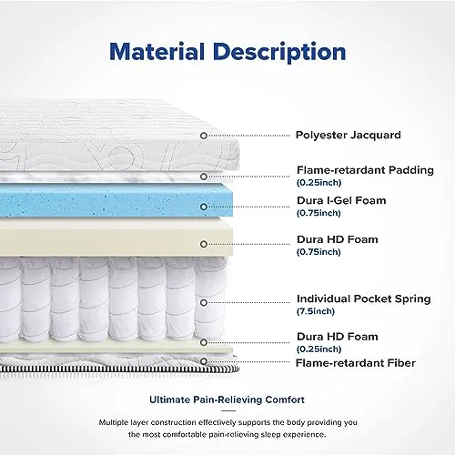 Olee Sleep Queen Mattress, 10 Inch Support Cloud Hybrid Mattress, Gel Infused Memory Foam, Pocket Spring for Support and Pressure Relief, CertiPUR-US Certified, Bed-in-a-Box, Soft, Queen Size