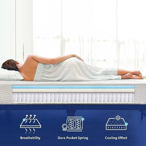 Olee Sleep Queen Mattress, 10 Inch Support Cloud Hybrid Mattress, Gel Infused Memory Foam, Pocket Spring for Support and Pressure Relief, CertiPUR-US Certified, Bed-in-a-Box, Soft, Queen Size