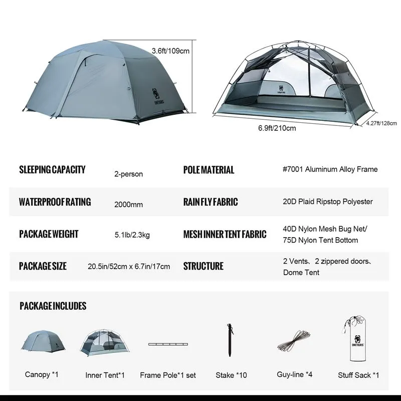 OneTigris Wolf Gray 3-Season Easy Setup Instant 2 -Person Camping Tent