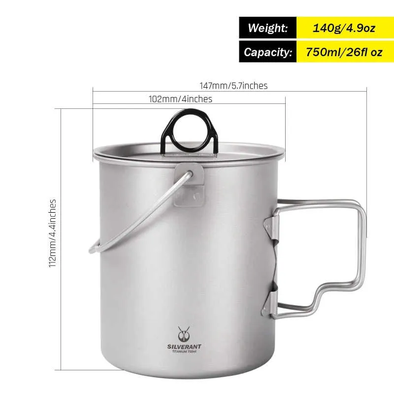 SilverAnt | Titanium Pot | 750ml/25 fl oz with Lid and Bail Handle