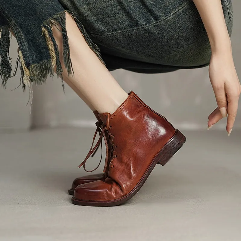 Women Ankle Boots Genuine Leather Lace-Up Round Toe Top Winter Ladies shoes
