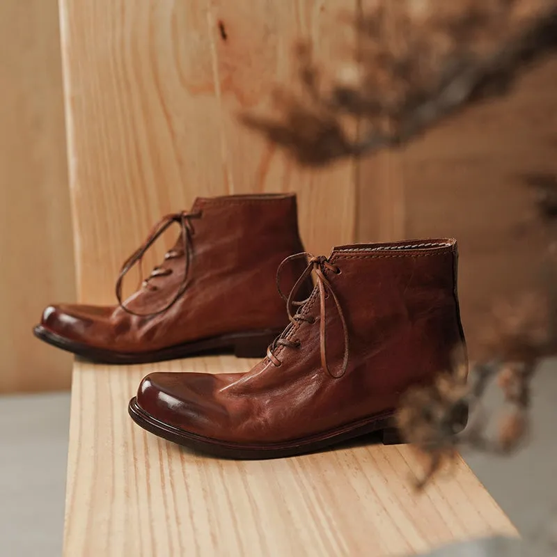 Women Ankle Boots Genuine Leather Lace-Up Round Toe Top Winter Ladies shoes