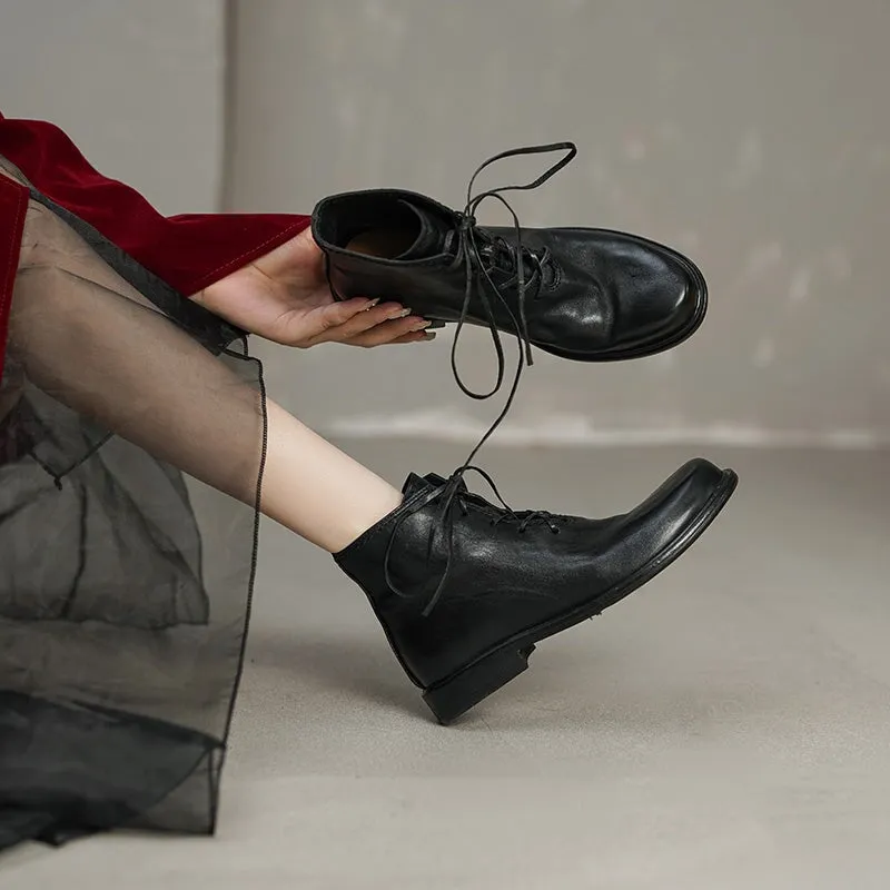 Women Ankle Boots Genuine Leather Lace-Up Round Toe Top Winter Ladies shoes