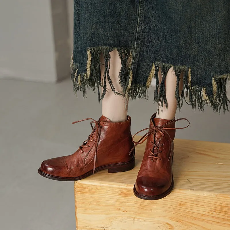 Women Ankle Boots Genuine Leather Lace-Up Round Toe Top Winter Ladies shoes