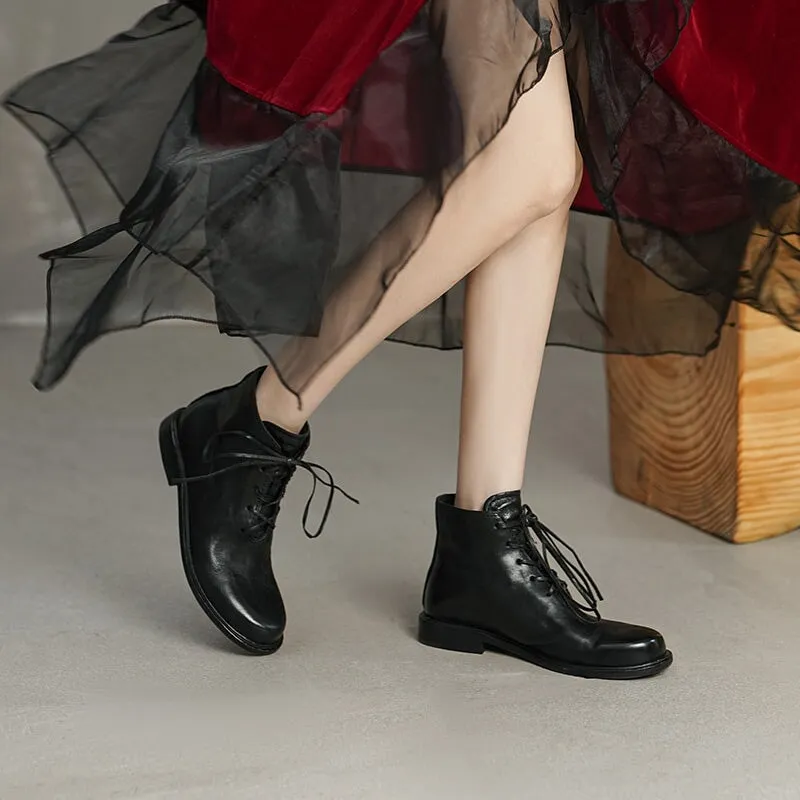Women Ankle Boots Genuine Leather Lace-Up Round Toe Top Winter Ladies shoes