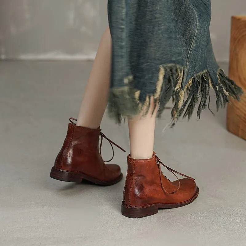 Women Ankle Boots Genuine Leather Lace-Up Round Toe Top Winter Ladies shoes