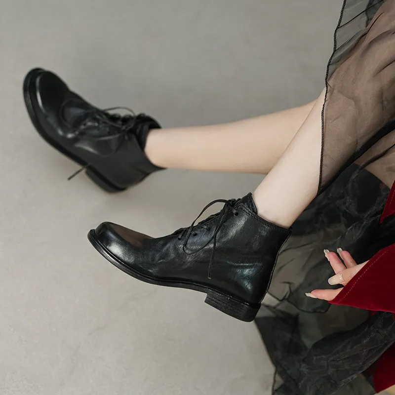 Women Ankle Boots Genuine Leather Lace-Up Round Toe Top Winter Ladies shoes
