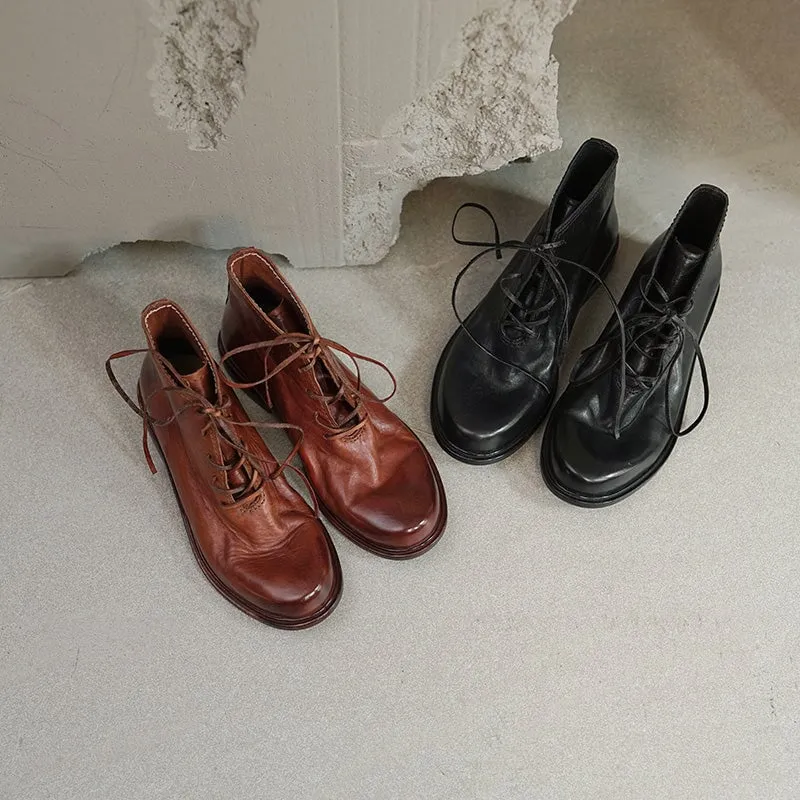 Women Ankle Boots Genuine Leather Lace-Up Round Toe Top Winter Ladies shoes